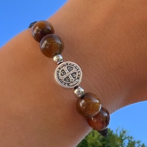 Tiger Eye String Bracelet, Saint Benedict Medal Bracelet, Catholic Gifts For Men Women, Religious Charm Jewelry, Communion Gifts For Her Him