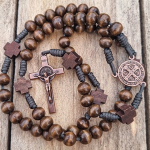 Bronze Rosary, Wooden Rosary, Saint Benedict Centerpiece Medal Cross, Dainty Rosary