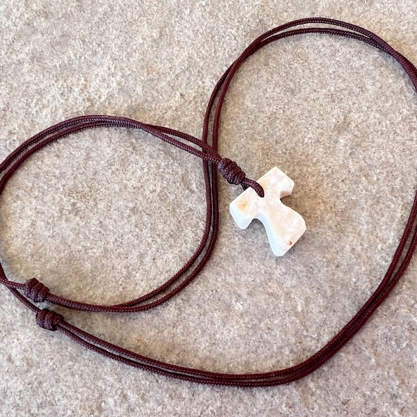 Medjugorje Stone Cross Necklace, Tau Pendant Jewelry, St Francis Of Assisi Cross, Unique Catholic Gifts