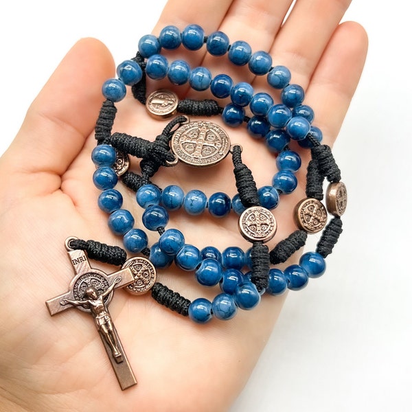 St Benedict Rosary, Blue Prayer Beads, Blue Rosary Chaplet, Saint Benedict Chaplet, Catholic Jewelry, Rosary For Man Woman Birthday