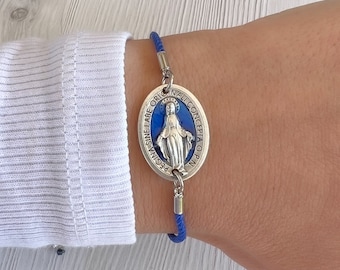 Pulseira medalha milagrosa, pulseira azul, pulseira de santos católicos, pulseira ajustável, presentes católicos de aniversário para meninos, meninas, homens e mulheres