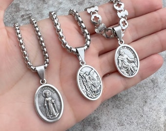 Catholic Saint Medal Necklace, Stainless Steel Chain, Religious Jewelry For Men Women Adults Teens Catholic Gifts Confirmation Communion