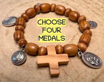 One Decade Bracelet, Stretchy Bracelet, Wooden Prayer Beads, St Benedict Joseph Virgin Mary Miraculous Medal Pendant Charm, Catholic Gifts