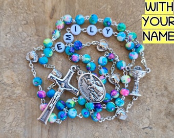 Rosario católico para primera comunión, rosario con nombre, cuentas de oración cristianas *ELIGE SANTO y CUENTAS* Regalos de confirmación para niñas católicas