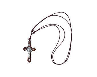 Christian Cross Pendant Necklace Saint Benedict Crucifix Wooden Wood Cross Religious Jewelry