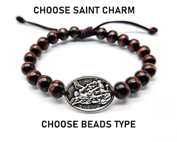 St Michael Charm Wooden Bracelet Saint Michael Pendant Gift for