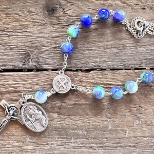 St Christopher Medal Rosary, Small Rosary, Pocket Rosary For Car, View Mirror Charm Hanger, CHOOSE YOUR SAINT, Saint Christopher Charm