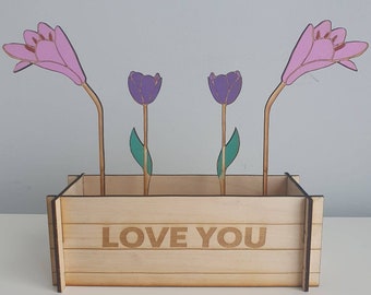 Présentoir de fleurs en boîte en bois tulipe et Lilly personnalisable - coupé dans un bouleau de 3 mm de haute qualité et fini à la main