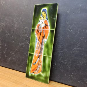 Vintage Maria with baby jesus on ceramic tiles (Belgium, European) hand-made modernist Mother Maria