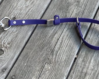 May include: Purple dog leash with a silver clip and a silver loop. The leash is made of a soft, flexible material.