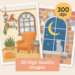 Puede incluir: Dos ilustraciones de escenas interiores acogedoras. Una presenta un sill&oacute;n naranja, un gato durmiendo y un sombrero de bruja. La otra muestra un gato mirando una luna creciente y estrellas a trav&eacute;s de una ventana. El texto dice "30 High Quality Images".