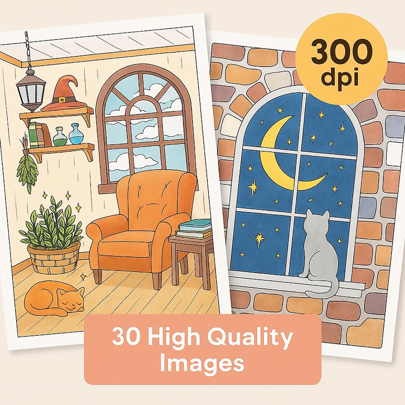 Puede incluir: Dos ilustraciones de escenas interiores acogedoras. Una presenta un sill&oacute;n naranja, un gato durmiendo y un sombrero de bruja. La otra muestra un gato mirando una luna creciente y estrellas a trav&eacute;s de una ventana. El texto dice "30 High Quality Images".