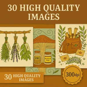 Puede incluir: Una ilustraci&oacute;n con el texto "30 HIGH QUALITY IMAGES" presenta arte bot&aacute;nico. Incluye im&aacute;genes de hierbas, un hongo, frascos etiquetados "Spores" y "Powdered Fungi", y una bolsa con rollos. Una insignia dice "300dpi".