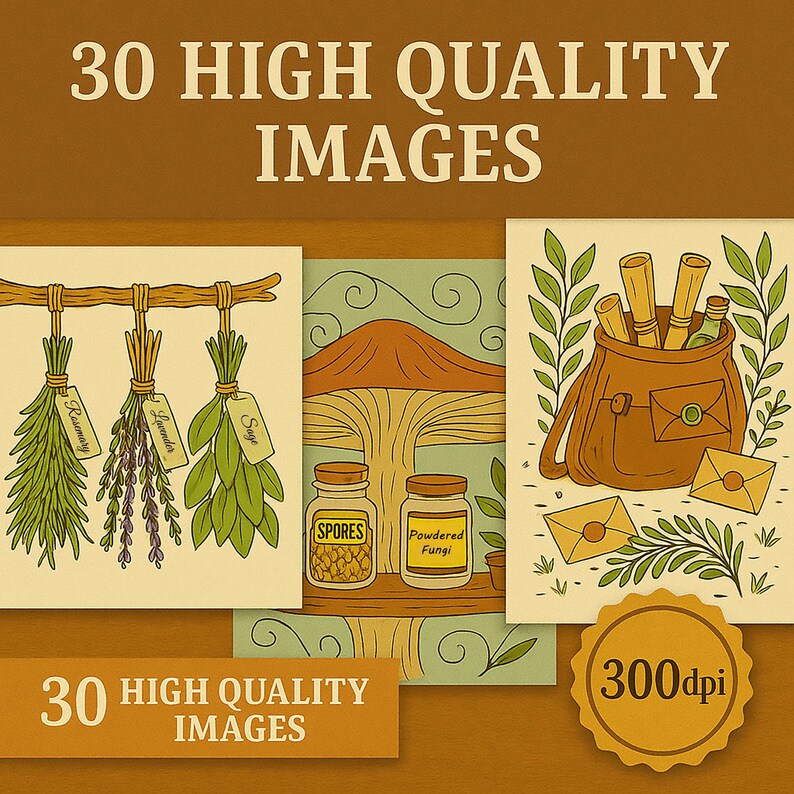 Puede incluir: Una ilustraci&oacute;n con el texto "30 HIGH QUALITY IMAGES" presenta arte bot&aacute;nico. Incluye im&aacute;genes de hierbas, un hongo, frascos etiquetados "Spores" y "Powdered Fungi", y una bolsa con rollos. Una insignia dice "300dpi".