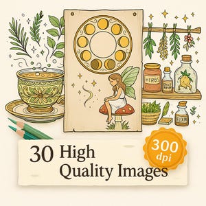 Puede incluir: Ilustraci&oacute;n colorida de una hada, una taza de t&eacute; y art&iacute;culos de boticario. Un hada est&aacute; sentada en una seta cerca de un p&oacute;ster con fases lunares. La imagen incluye el texto "30 High Quality Images" y un sello "300 dpi".