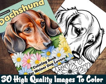Puede incluir: Un libro para colorear para los amantes de los perros salchicha con una ilustración detallada de la cara de un perro salchicha rodeado de margaritas de colores. La portada del libro dice "Dachshund" y "Coloring Book For Weiner Dog Lovers". La imagen también incluye un dibujo lineal en blanco y negro de un perro salchicha.