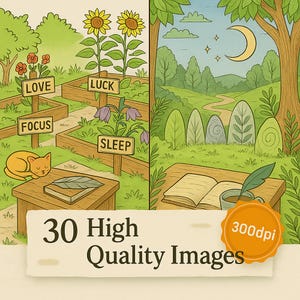 Puede incluir: Ilustraci&oacute;n caprichosa con parterres de jard&iacute;n con letreros que dicen "Amor", "Enfoque", "Suerte" y "Sue&ntilde;o". Un gato dormido descansa cerca de un libro. El lado derecho representa un paisaje sereno con una luna creciente, estrellas y un libro abierto. Incluye el texto "30 High Quality Images".