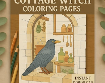 Könnte beinhalten: Ein digitaler Download eines Malbuchcovers mit dem Titel "Cottage Witch Coloring Pages". Die Illustration zeigt einen Raben, der auf einem Steinsims sitzt, mit einem Fenster, das Apothekerflaschen und Kräuter zeigt. Die Worte "Instant Download" sind ebenfalls sichtbar.