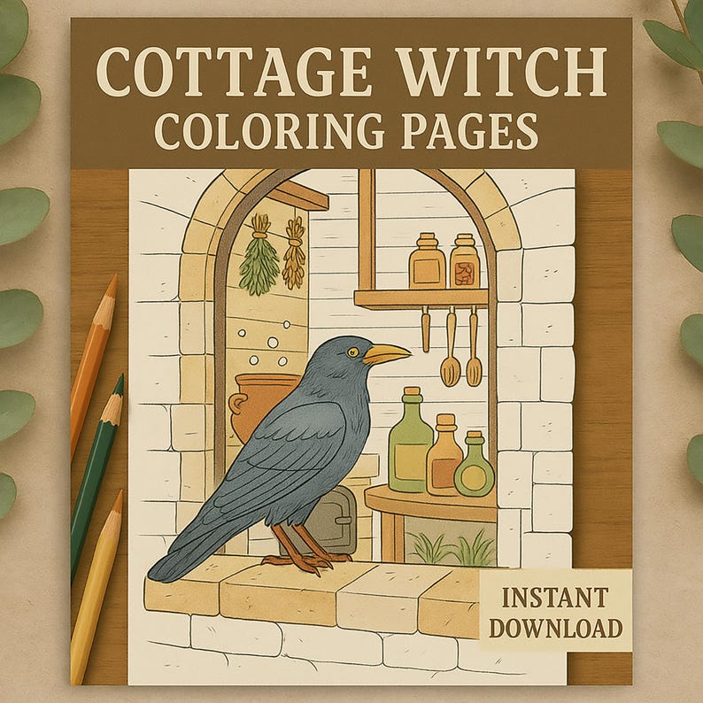 Puede incluir: Una descarga digital de la portada de un libro para colorear titulada "Cottage Witch Coloring Pages". La ilustraci&oacute;n presenta un cuervo posado en una repisa de piedra, con una ventana que muestra botellas de boticario y hierbas. Tambi&eacute;n se ven las palabras "Instant Download".