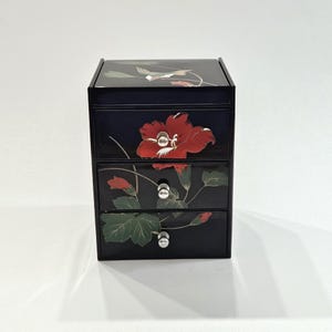 Vintage Small Jewelry Box with Mirror 3 Drawers Black Lacquer Floral made in Japan