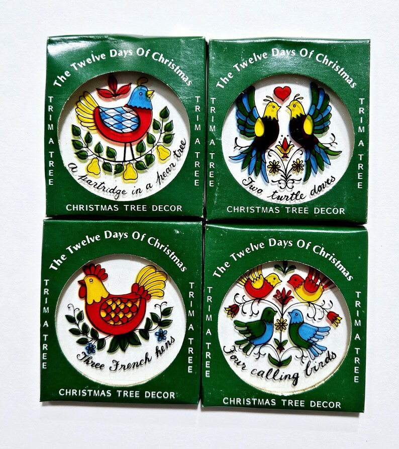 Vintage Trim A Tree 12 Days of Christmas Round Ornaments Glass Set in