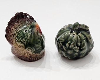 Vintage Turkey and Pumpkin Salt Pepper Shakers Set Fall Farmhouse Kitchen Decor