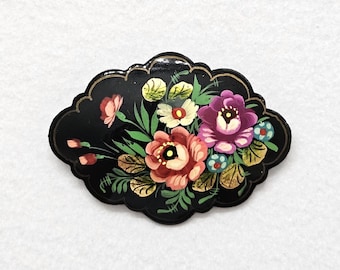 Vintage Russian Black Lacquer Floral Wood Brooch Pin Signed