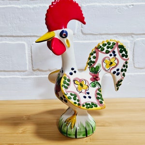 Vintage Portugal Folk Art Ceramic Lucky Barcelos Rooster Chicken Figurine Hand Painted 8" Tall