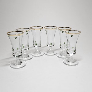 Vintage Irish Shamrock Shot Glasses Set of 6 Gold Rim Footed Irish Liqueur Sherry Cordial Glasses