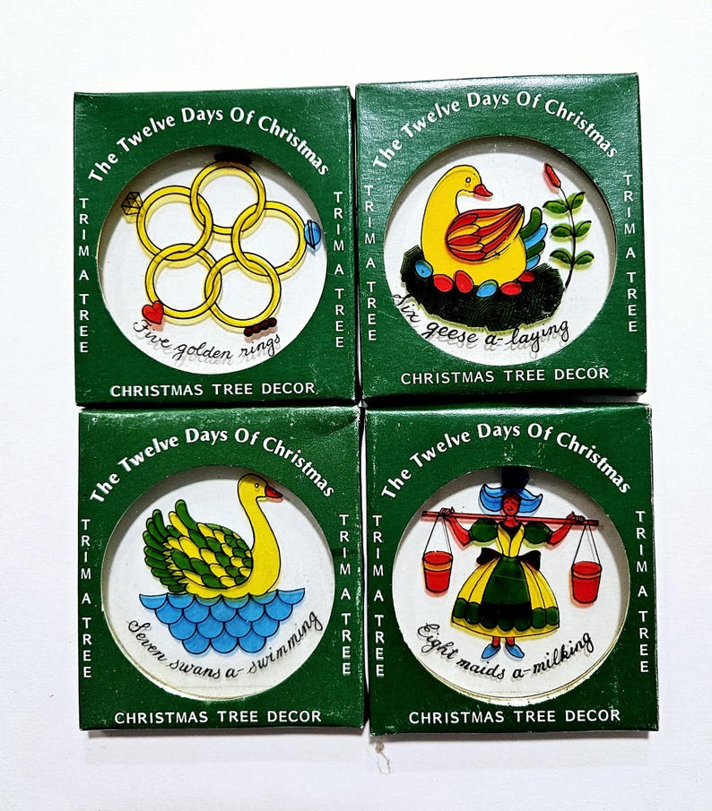 Vintage Trim A Tree 12 Days of Christmas Round Ornaments Glass Set in
