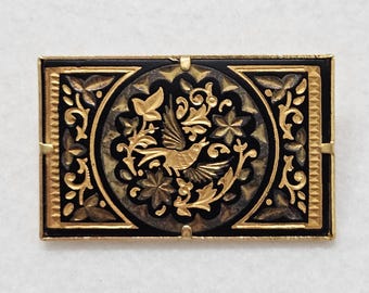 Vintage Damascene Bird Motif Rectangle Brooch Pin Black and Gold