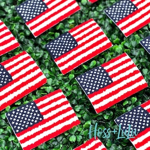 May include: A collection of red, white, and blue American flag iron-on patches. The patches are arranged on a green leafy background.