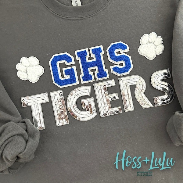 Tigers 3.12"h Silver Sequin letter set, Sequin Iron on Letters, Tigers, Highschool, DIY patch