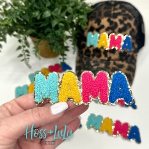 MAMA Multi Color chenille patch, Multi Color MAMA patch with gold glitter, iron on, chenille MAMA patch