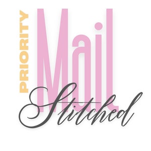 May include: Pink text that reads "Mail Stitched" with the word "PRIORITY" in yellow text to the left of the word "Mail".