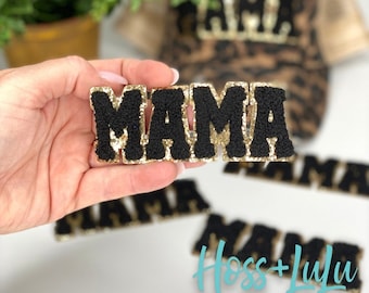 MAMA chenille patch, black 4" MAMA patch with gold glitter, iron on, adhesive back, chenille MAMA patch