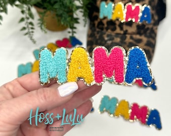 MAMA Multi Color chenille patch, Multi Color MAMA patch with gold glitter, iron on, chenille MAMA patch