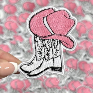 Boots and Cowboy Hat Patch, Trucker Cap Patch, Iron On, DIY patch, Pink Cowgirl Patch