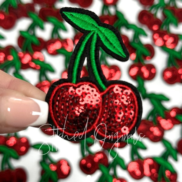 Red Sequin Cherry Patch, Trucker Cap Patch, Iron On, DIY patch, Cherry Patch