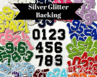 Può includere: Una collezione di toppe numeriche ricamate colorate con retro glitterato argentato. I numeri da 0 a 9 sono visualizzati in nero con un bordo argentato. Altre toppe sono in vari colori, tra cui giallo, rosa, verde, blu e arancione. Il testo "Silver Glitter Backing" è in alto.