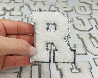 NEW White 3.12&quot; Chenille Letters, SILVER Glitter, Varsity Letter Iron on Patch, Diy Monogram