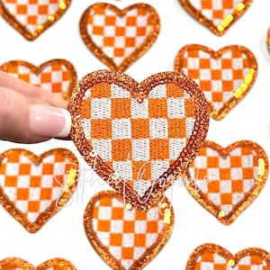 Orange Checkered Heart Patch, Heart Patch with Sequins, diy patch, Trucker Hat Patch, iron on patch