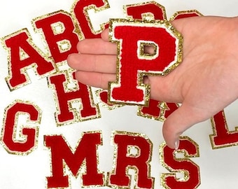 Red 3.12&quot; Chenille Letters, Gold Glitter, Varsity Letter Iron on Patch, Diy Monogram