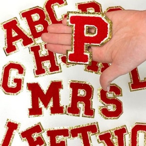 Red 3.12 Chenille Letters, Gold Glitter, Varsity Letter Iron on Patch, Diy  Monogram 