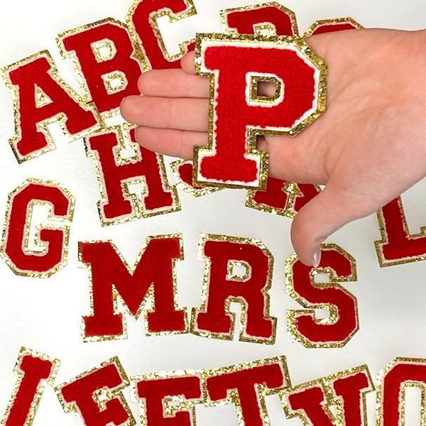 Red 3.12" Chenille Letters, Gold Glitter, Varsity Letter Iron on Patch, Diy Monogram