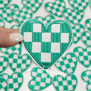 Green and White Checkered Heart Patch, Heart Patch, diy patch, Trucker Hat Patch, iron on patch