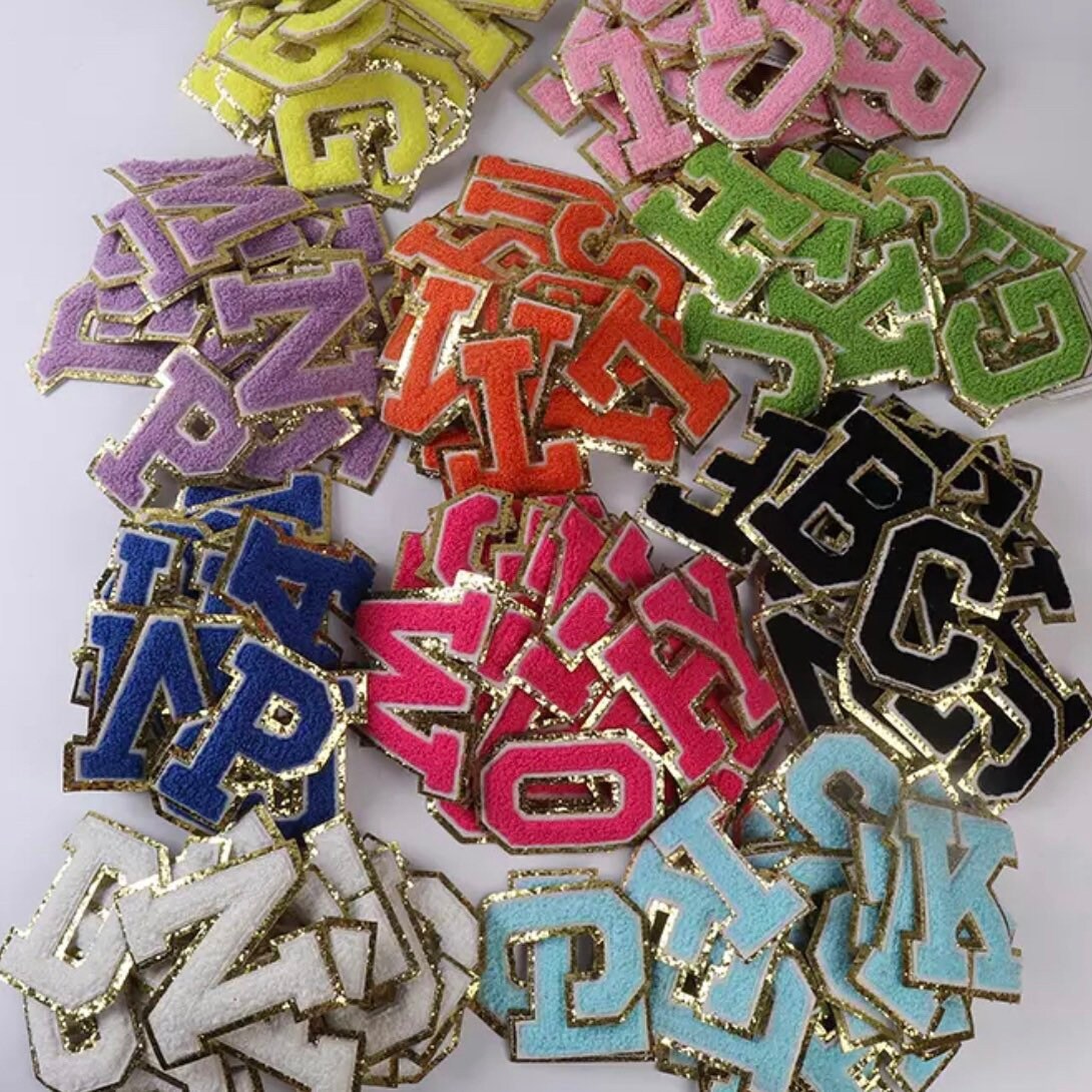 Iron-On Chenille Letter Patches - Glitter Alphabet A-Z, 2 Pack, White With Gold Glitter Edging, 3.15 Inch Varsity Style - View #5