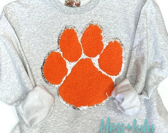 Chenille Large ORANGE Paw patch, Silver Glitter, Iron on, Diy Patch, Game Day