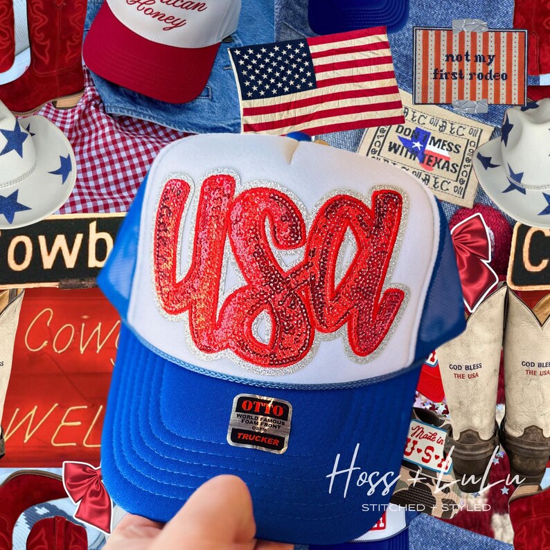 May include: A blue and white trucker hat with the word "USA" in red sequins. The hat has a blue brim and mesh backing. The image also includes a US flag, cowboy boots, and other patriotic themed items.