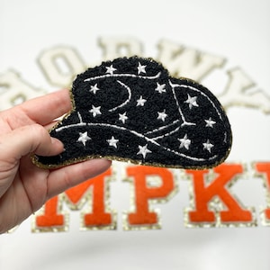 Black 6.5&quot; Cowboy Hat embroidered white stars, gold glitter, Custom patch, DIY patch